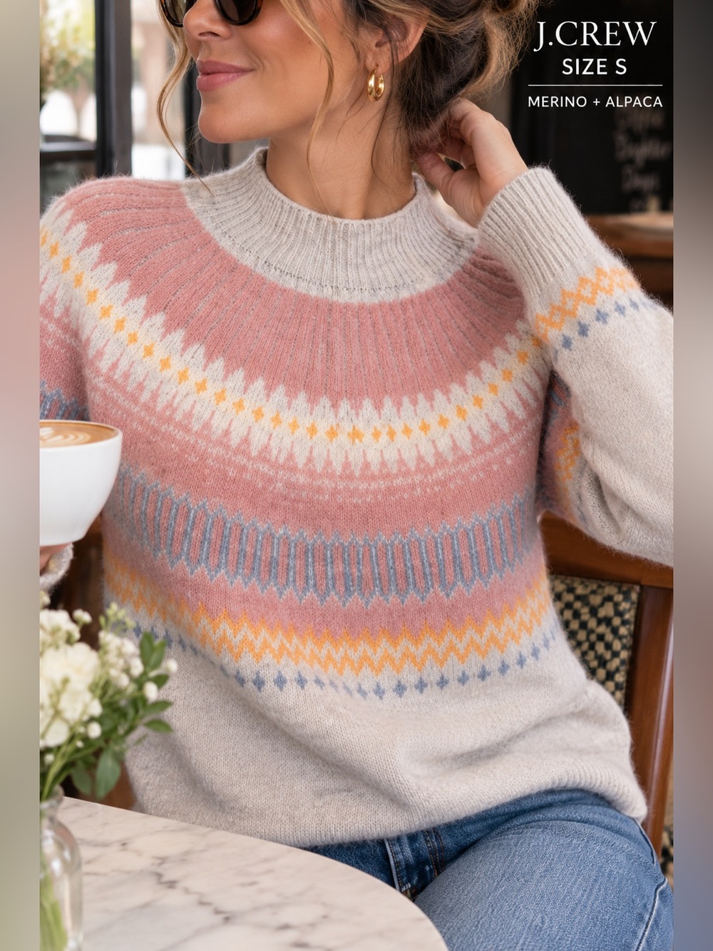 J.Crew Fair Isle Merino Wool Alpaca Blend Sweater Womens Small Soft tan multi - Picture 2 of 16